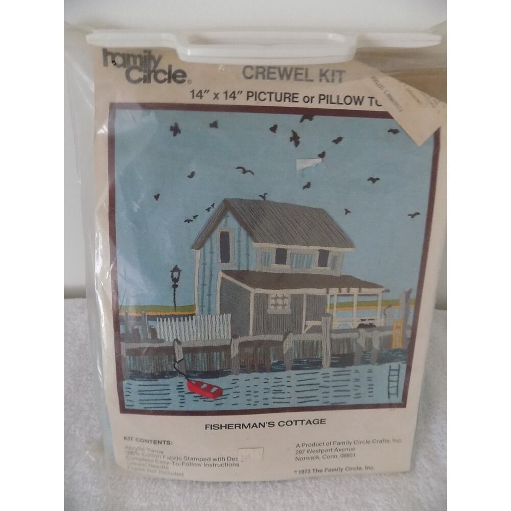 Vintage Family Circle Crewel Kit 14 x 14 picture or pillow top 1973 Fisherman's